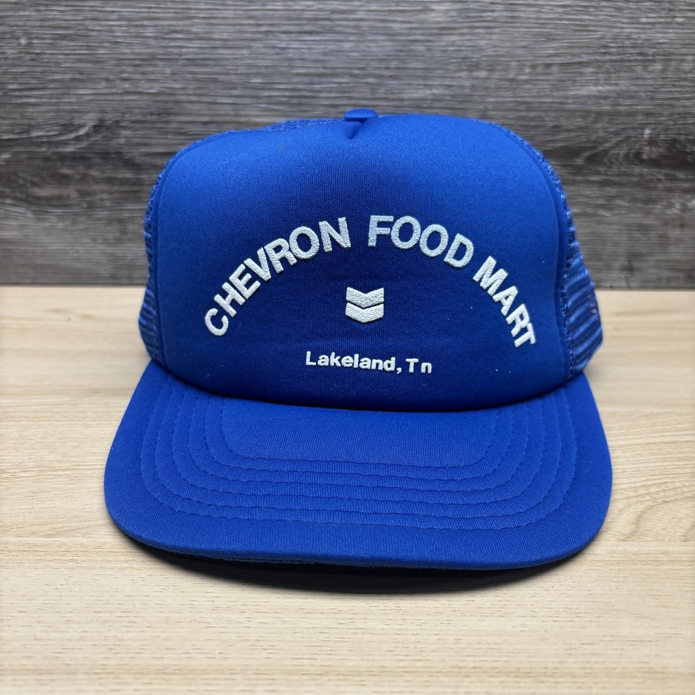 Vintage Chevron Food Mart Hat Cap Snap Back Blue Mesh Trucker Mens 80s